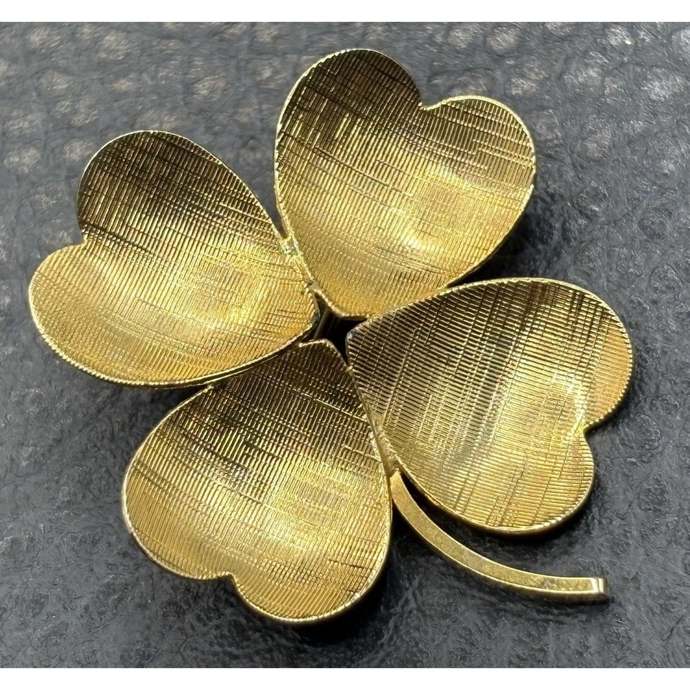 Vintage 12K Gold Filled Textured Four Leaf Clover Shamrock Luck Brooch Pin